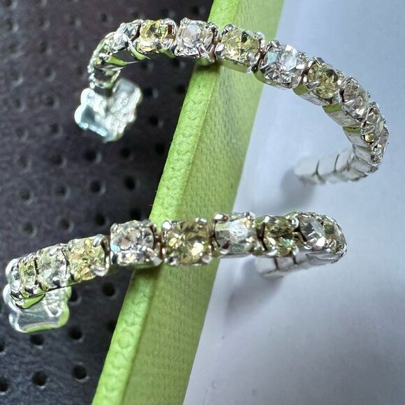 WOMEN’S SILVER HOOP EARRINGS WITH YELLOW & CLEAR CRYSTAL TENNIS SETTING - Picture 15 of 16